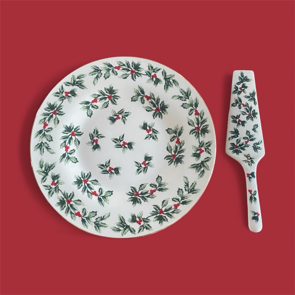 Vtg Formalities by Baum Bros Holly Berry Plate‎ & Server Set Christmas 10.5"